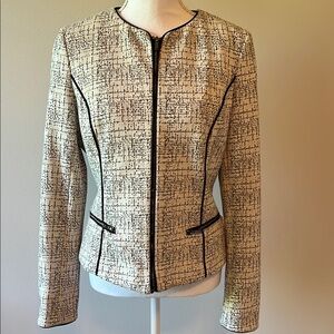 DKNY Cream and Black Tweed Blazer with Modern Zip Closure